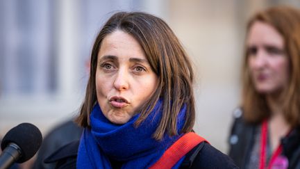 Sophie Binet, secrétaire général de la CGT, lors d'une réunion avec la Première ministre à Matignon le 5 avril 2023. (XOSE BOUZAS / HANS LUCAS)