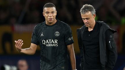 L'attaquant du PSG Kylian Mbappé avec son entraîneur Luis Enrique après la victoire contre Dortmund en Ligue des champions, le 19 septembre 2023. (FRANCK FIFE / AFP)