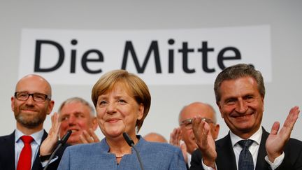 La chancelière allemande, Angela Merkel, après sa victoire aux législatives, le dimanche 24 septembre 2017 à Berlin (Allemagne). (KAI PFAFFENBACH / X00446)