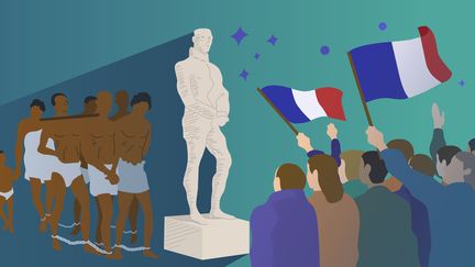 Militants antiracistes et historiens s'interrogent sur le devenir des statues qui&nbsp;glorifient des personnalités françaises qui ont joué un rôle dans la colonisation et l'esclavage. (JESSICA KOMGUEN / BAPTISTE BOYER / FRANCEINFO)