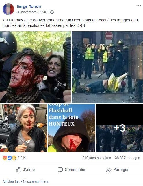 Une publication Facebook faisant passer de vieilles photos pour des photos datant des manifestations liées aux "gilets jaunes". (SERGE TORION/FACEBOOK)