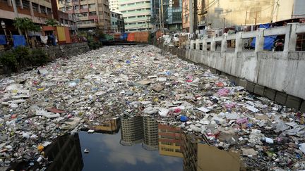 Des déchets plastiques flottent à la surface d'une rivière à Manille (Philippines), le 23 janvier 2016. (NOEL CELIS / AFP)