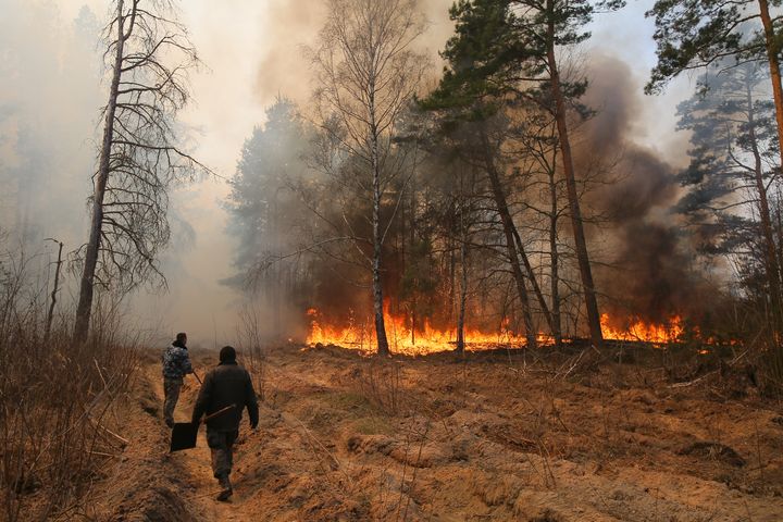 Des gardes forestiers près du feu dans la zone d'exclusion&nbsp;entourant la centrale de Tchernobyl, en Ukraine, le 10 avril 2020. (STRINGER / ANADOLU AGENCY)