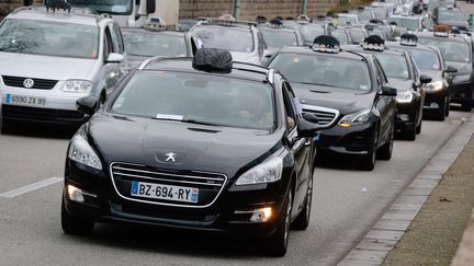 Des chauffeurs de taxi manifestent &agrave; proximit&eacute; de Paris, le 13 janvier 2014. (FRANCOIS GUILLOT / AFP)