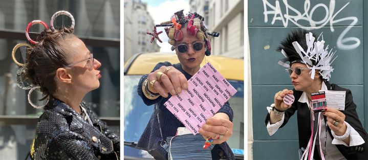 Quand l'artiste Nochapiq pose dans Paris avec les objets qu'elle a emballé avec des bolducs. Avril/mai 2020 (Zalie)