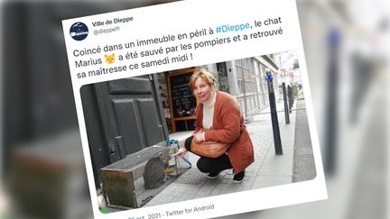 Un tweet de la ville de Dieppe montrant Martine en compagnie de son chat Marius. (COPIE D'ECRAN TWITTER)