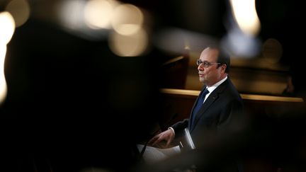 François Hollande lors de&nbsp;ses vœux au Conseil économique, social et environnemental, le lundi 18 janvier 2016 à Paris. (YOAN VALAT / POOL / AFP)