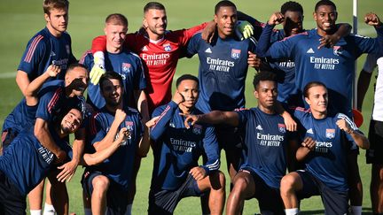 Les joueurs de l'Olympique lyonnais, lors d'un entraînement, le 18 août 2020, à la veille de leur demi-finale contre le Bayern Munich à Lisbonne. (FRANCK FIFE / POOL)