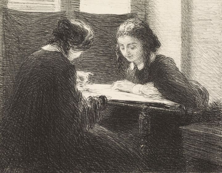 Henri Fantin-Latour, "Les Petites brodeuses", 1898, planche de "L’Estampe et l’Affiche", 15 mars 1898, lithographie au crayon et grattage sur papier de Chine appliqué sur papier velin, Vevey, Musée Jenisch Vevey - Cabinet cantonal des estampes, Fondation William Cuendet & Atelier de Saint-Prex, Collection P (© Olivier Christinat, Lausanne)