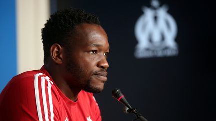 Steve Mandanda, gardien de but de l'OM, lors d'une conf&eacute;rence de presse &agrave; Marseille, le 6 ao&ucirc;t 2015. (MAXPPP)