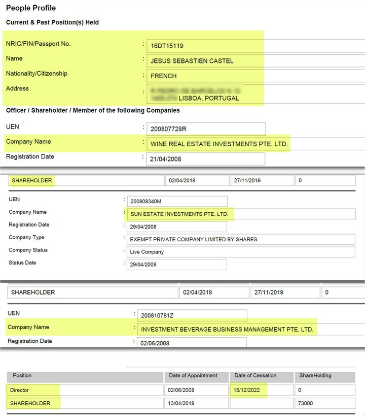 Extrait du registre des sociétés, montrant le changement d’adresse de Pierre Castel, alias Jesus Sebastien Castel. (ACCOUNTING AND CORPORATE REGULATORY AUTHORITY (ACRA))