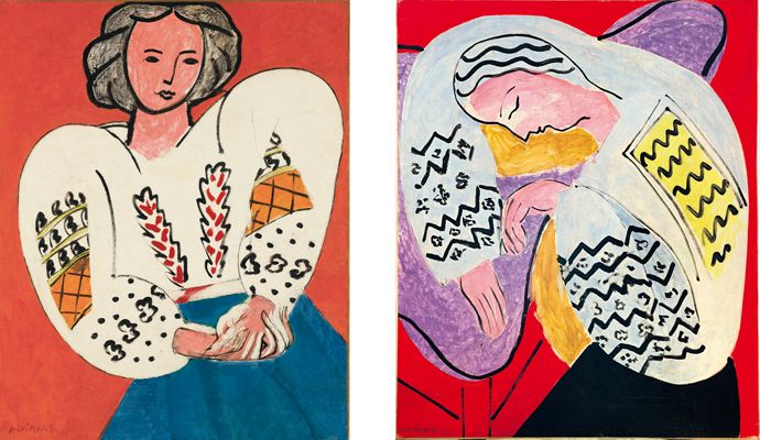 (A gauche) Henri Matisse, "La Blouse roumaine", Nice, H&ocirc;tel R&eacute;gina, novembre 1939-avril 1940. (A droite) Henri Matisse, "Le R&ecirc;ve", Nice, H&ocirc;tel R&eacute;gina, 1940. (SUCCESSION H. MATISSE)