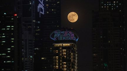 La "super lune" surplombe les gratte-ciel de Dubaï (Emirats arabes unis). (GIUSEPPE CACACE / AFP)