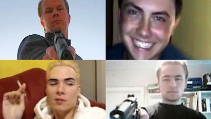 Captures d'&eacute;cran de vid&eacute;os post&eacute;s sur YouTube par des criminels. (De G &agrave; D)&nbsp;Matti Juhani Saari, Michael Colin Nodianos, Luka Magnotta et&nbsp;Dillon Cossey. (FRANCETV INFO)