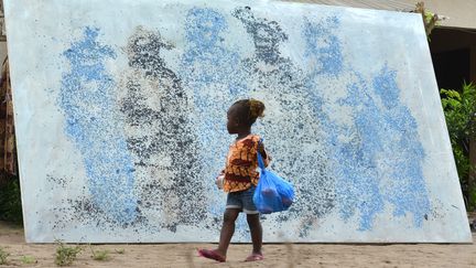 L'artiste ivoirien Lanin Saint-Etienne Yeanzi réalise des œuvres avec des sacs en plastique fondus. L'un de ses tableaux&nbsp;était exposé à Bingerville, près d'Abidjan, en septembre 2015. (ISSOUF SANOGO / AFP)