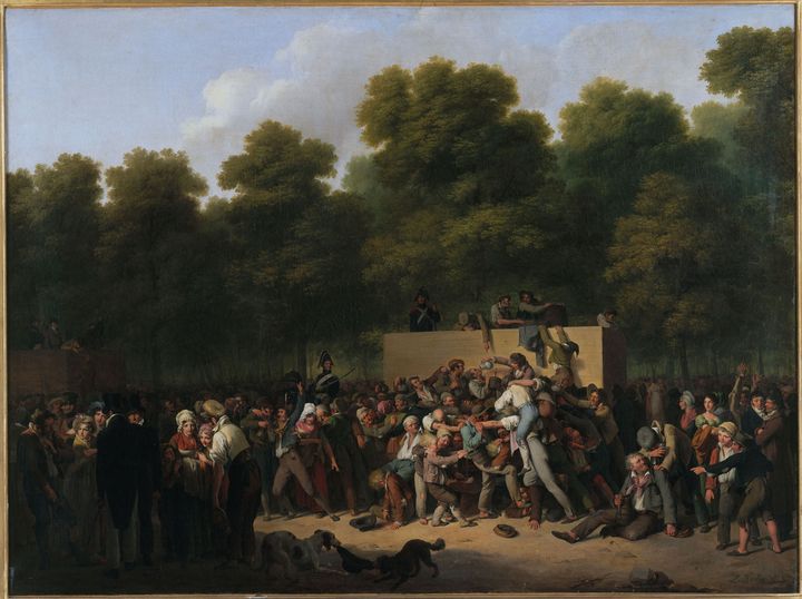 "Distribution de vin et comestibles aux Champs-Elysées, à l'occasion de la fête du roi". Huile sur toile, 1822. Par Louis-Léopold Boilly (1761-1845). (BOILLY, LOUIS LÉOPOLD / MUSEE CARNAVALET PARIS MUSÉES)