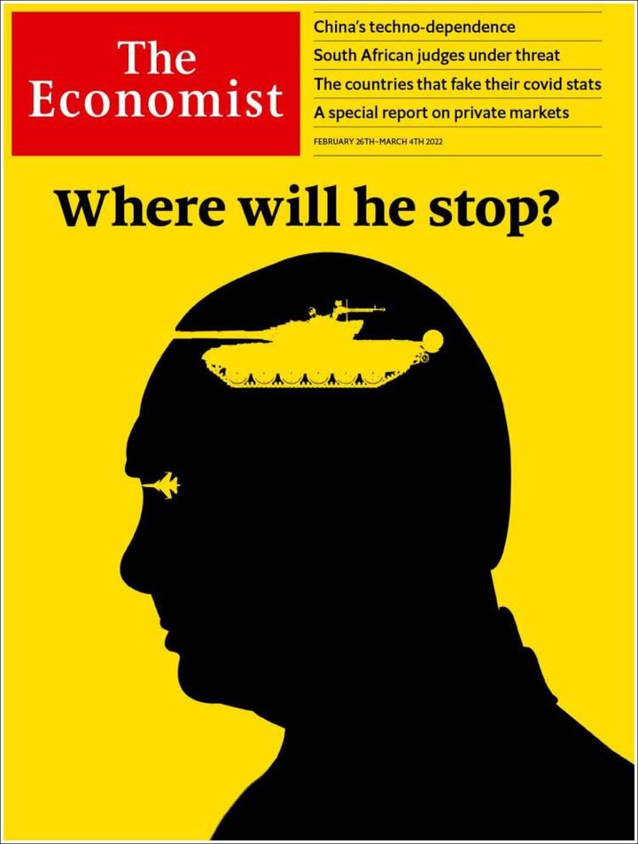 La une de l'hebdommadaire britannique "The Economist", datée&nbsp;du&nbsp;26 février 2022. (THE ECONOMIST)