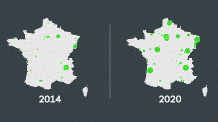 L'évolution du nombre de conseillers municipaux EELV entre 2014 et 2020. (FRANCEINFO)