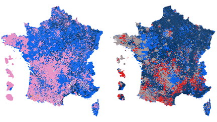 Le bleu foncé de Marine Le Pen est beaucoup plus présent dans la&nbsp;France de 2017 que dans celle de 2012. (FRANCEINFO)