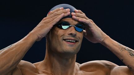 Florent Manaudou , le 1er août 2024, à la piscine de Nanterre lors de la demi-finale du 50 mètres nage libre des Jeux olympiques. (OLI SCARFF / AFP)