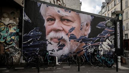 Portrait de l'activiste défenseur des baleines Paul Watson, sur un bâtiment de Paris, le 21 juillet 2024. (THIBAUD MORITZ / AFP)