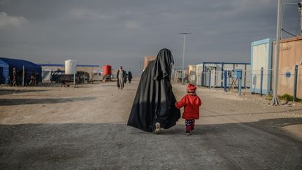 Une femme et son enfant dans le camp de al-Hol, dans le nord-est de la Syrie, le 17 février 2019. (BULENT KILIC / AFP)