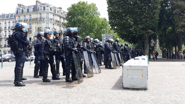 Des CRS présents près de la statue à Lille, samedi 20 juin 2020. (LOUISE THOMANN / RADIO FRANCE)