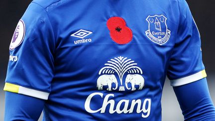 Un coquelicot est épinglé sur le maillot d'un joueur d'Everton, le 30 octobre 2016 à Liverpool (Royaume-Uni), lors d'une rencotnre de Premier League contre West Ham.&nbsp; (PAUL GREENWOOD / BACKPAGE IMAGES LTD / AFP)