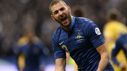 Karim Benzema c&eacute;l&egrave;bre son but contre l'Ukraine, au Stade de France, le 19 novembre 2013. (LIONEL BONAVENTURE / AFP)