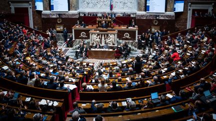 Les députés dans l'hémicycle de l'Assemblée nationale, mardi 1er octobre 2024. (XOSE BOUZAS / HANS LUCAS / AFP)