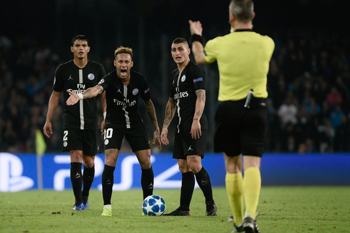 Thiago Silva, Neymar et Marco Verratti (FILIPPO MONTEFORTE / AFP)