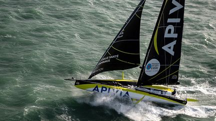 Charlie Dalin et Paul Meilhat (Apivia), ici lors du départ de la Transat Jacques Vabre le 7 novembre 2021, ont parfaitement lancé leur traversée. (LOIC VENANCE / AFP)