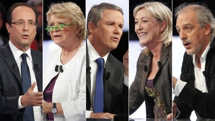 Fran&ccedil;ois Hollande, Eva Joly, Nicolas Dupont-Aignan, Marine Le Pen et Philippe Poutou &eacute;taient invit&eacute;s de "Des paroles et des actes" sur France 2,&nbsp;le 11 avril 2012. (AFP / MONTAGE FTVI )