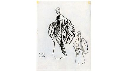 Dessin à la main de Madame Grès, automne-hiver 1971. Collection Galliera
 (DR)