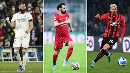 De gauche à droite : Karim Benzema (Real Madrid), Mohamed Salah (Liverpool) et Théo Hernandez (AC Milan). (AFP)