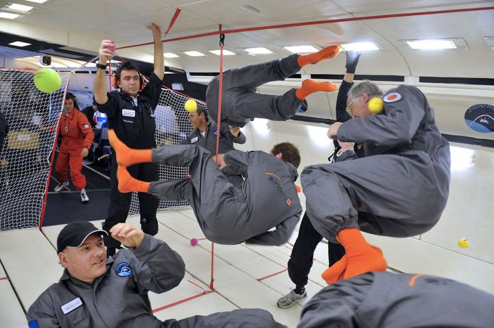 Des passagers de l’Airbus A330&nbsp;Zero-G,&nbsp;le 15 mars 2013, dans une phase d'apesanteur. (MEHDI FEDOUACH / AFP)