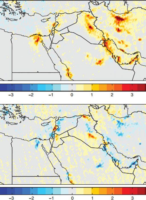 Première carte, entre 2005 et 2010, plus le rouge est important, plus la pollution à l'oxyde d'azote augmente. Deuxième carte, 2010-2014, plus le bleu est important, plus la pollution diminue.  (advances.sciencemag.org/)