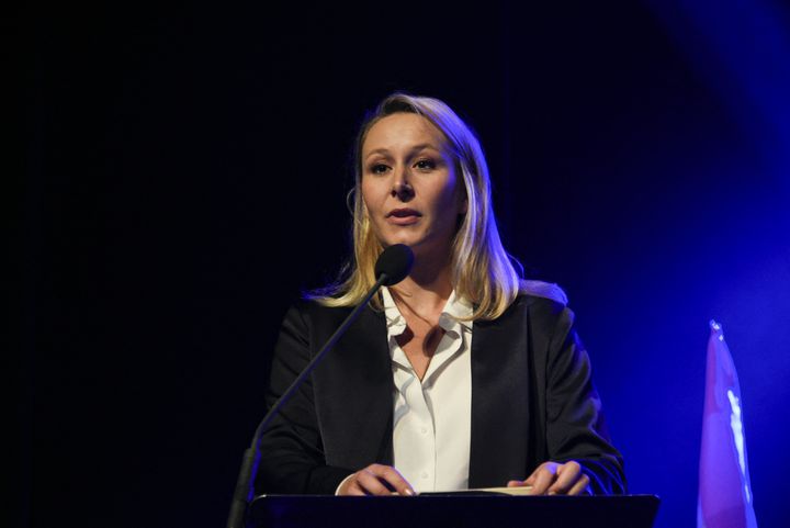 Marion Maréchal, tête de liste de Reconquête aux européennes 2024, prononce un discours aux Journées des conservateurs à Asnières-sur-Seine (Hauts-de-Seine), le 14 octobre 2023. (MAGALI COHEN / HANS LUCAS)