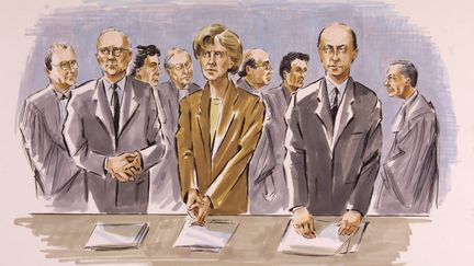 Croquis d'audience illustrant le procès (de gauche à droite) d'Edmond Hervé, Georgina Dufoix et Laurent Fabius dans l'affaire du sang contaminé, en février 1999 (JEAN CHESNOT / AFP)