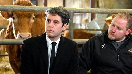 Le Premier ministre, Gabriel Attal, en déplacement dans une exploitation agricole, à Janvilliers (Marne), le 15 février 2024. (FRANCOIS NASCIMBENI / AFP)