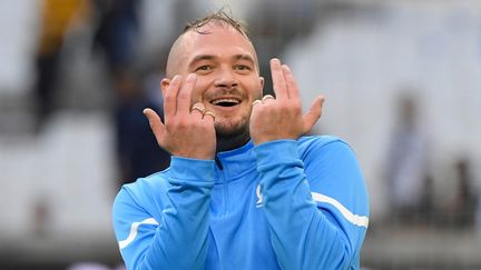 Jul, le rappeur français le plus écouté sur la plateforme musicale Spotify, au stade Vélodrome, à Marseille (Bouches-du-Rhône), le 13 octobre 2021. (NICOLAS TUCAT / AFP)