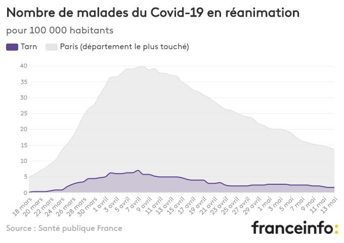 Nombre de malades du Covid-19 en réanimation pour 100 000 habitants. (FRANCEINFO)