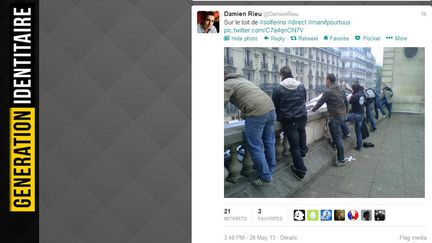 Sur son compte Twitter, un porte-parole du G&eacute;n&eacute;ration identitaire raconte l'action du groupe d'extr&ecirc;me droite au si&egrave;ge du PS, &agrave; Paris, le 26 mai 2013. (TWITTER / FRANCETV INFO)