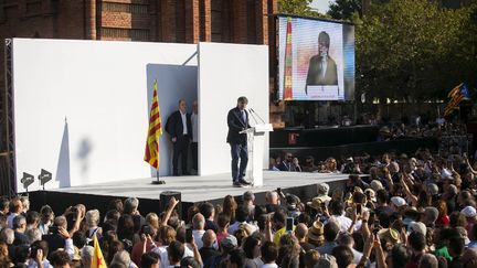 Independence leader Carles Puigdemont speaks in Barcelona, ​​Spain, on August 8, 2024. (ROBERT BONET / NURPHOTO / AFP)