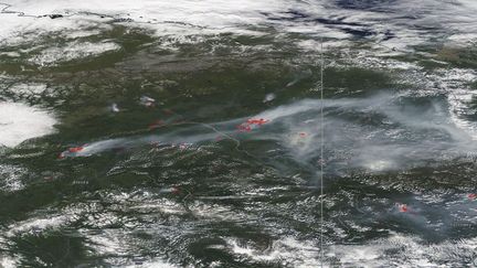 Une image satellite du 22 juillet 2019 montre des incendies en cours en Alaska. (HO / NASA / NOAA / AFP)