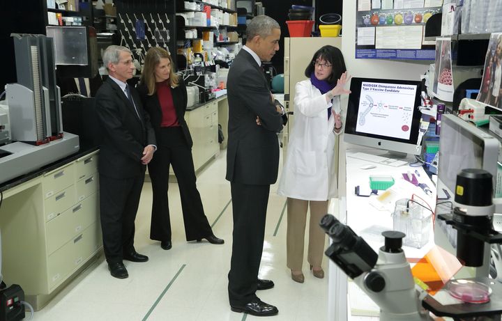 Nancy Sullivan pr&eacute;sente ses travaux au pr&eacute;sident am&eacute;ricain Barack Obama, le 2 d&eacute;cembre 2014, &agrave; Bethesda (Maryland). Derri&egrave;re eux, Anthony Fauci et la secr&eacute;taire d'Etat am&eacute;ricaine &agrave; la Sant&eacute;, Sylvia Burwell. (NIH / FLICKR)