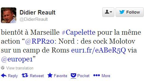 Capture &eacute;cran du tweet envoy&eacute; par l'&eacute;lu UMP Didier R&eacute;ault, qui encourage &agrave; lancer des cocktails Molotov contre les Roms, le 8 juin 2013. (CAPTURE ÉCRAN / FRANCETV INFO)