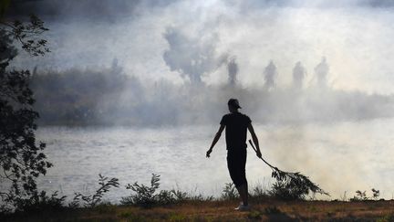 Un homme face à l'incendie de&nbsp;Bormes-les-Mimosas, le 26 juillet 2017. (ANNE-CHRISTINE POUJOULAT / AFP)