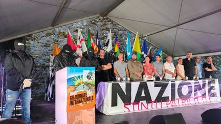 Three hooded activists spoke at a pro-independence rally in Corte (Haute-Corse), on August 4, 2024. (FRANCE 3 CORSE / FRANCE TELEVISIONS)