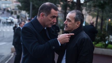 Gilles Simeoni, à gauche, et Jean-Guy Talamoni, après le discours d’Emmanuel Macron à Bastia le 7 février. (CHRISTOPHE PETIT TESSON / AFP)